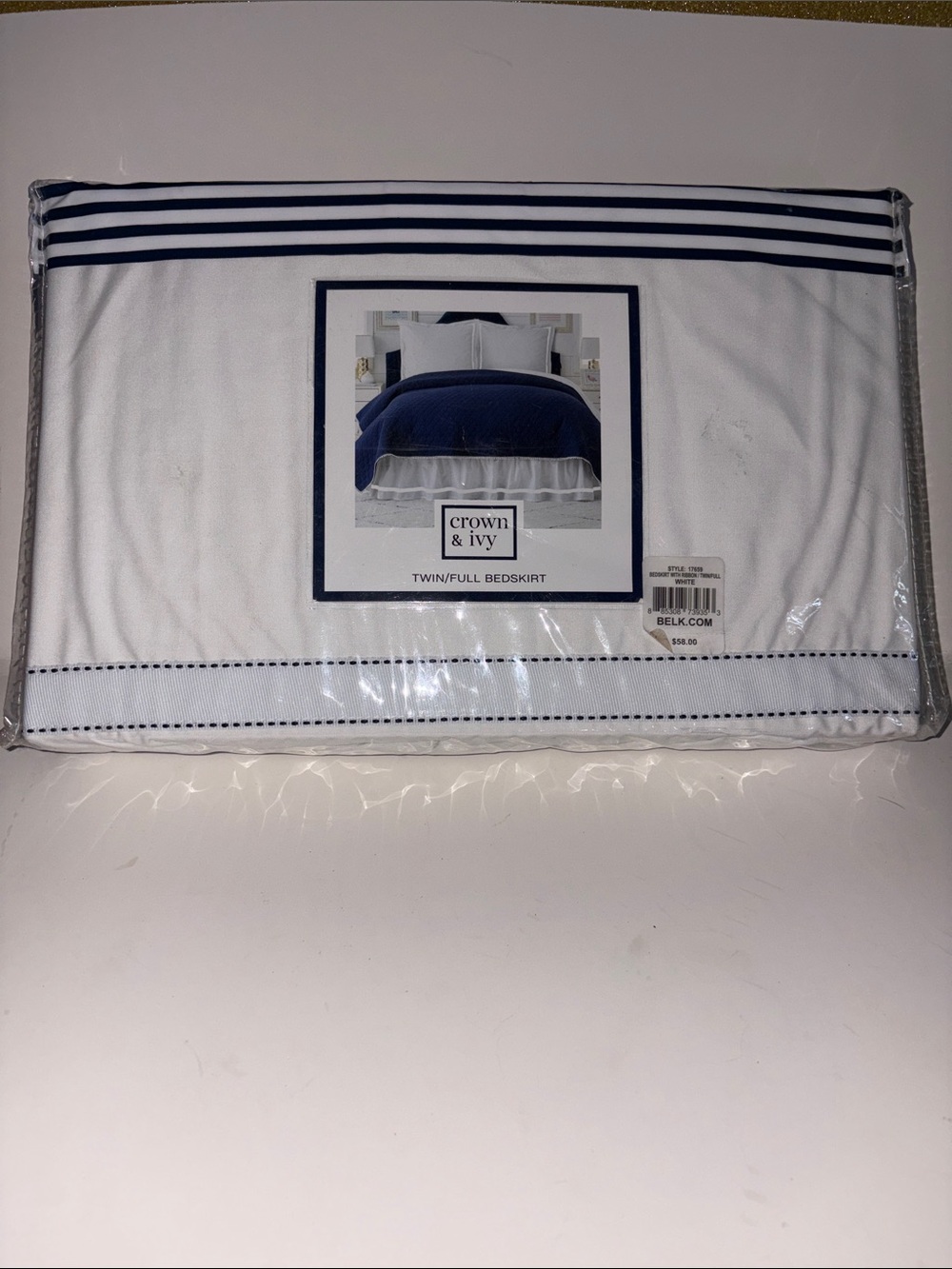 crown & ivy White Bedskirt with Navy Trim